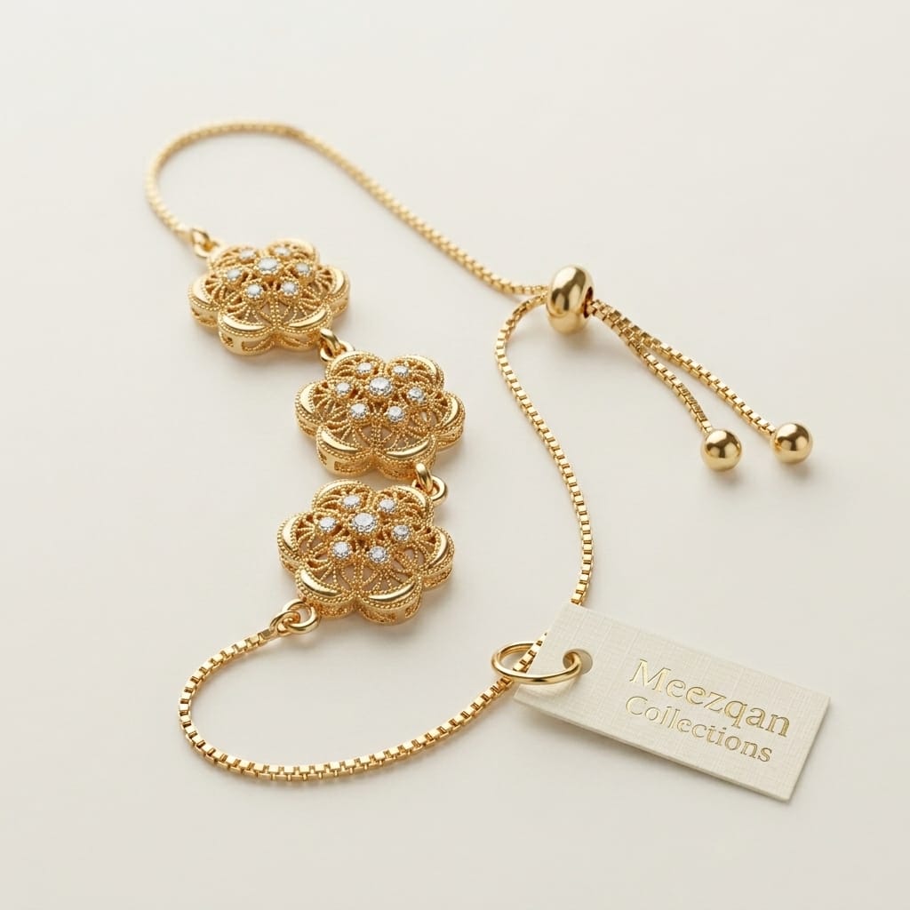 Meezqan Collections 18K Gold Plated Floral Adjustable Bolo Bracelet with Zirconia Accent