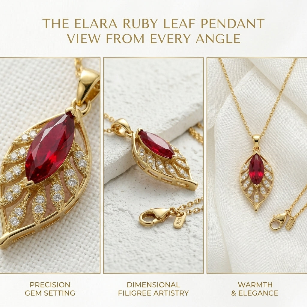 Meezqan Collection 'Elara' Ruby Leaf Pendant Necklace – Gold Filigree Jewelry for Women
