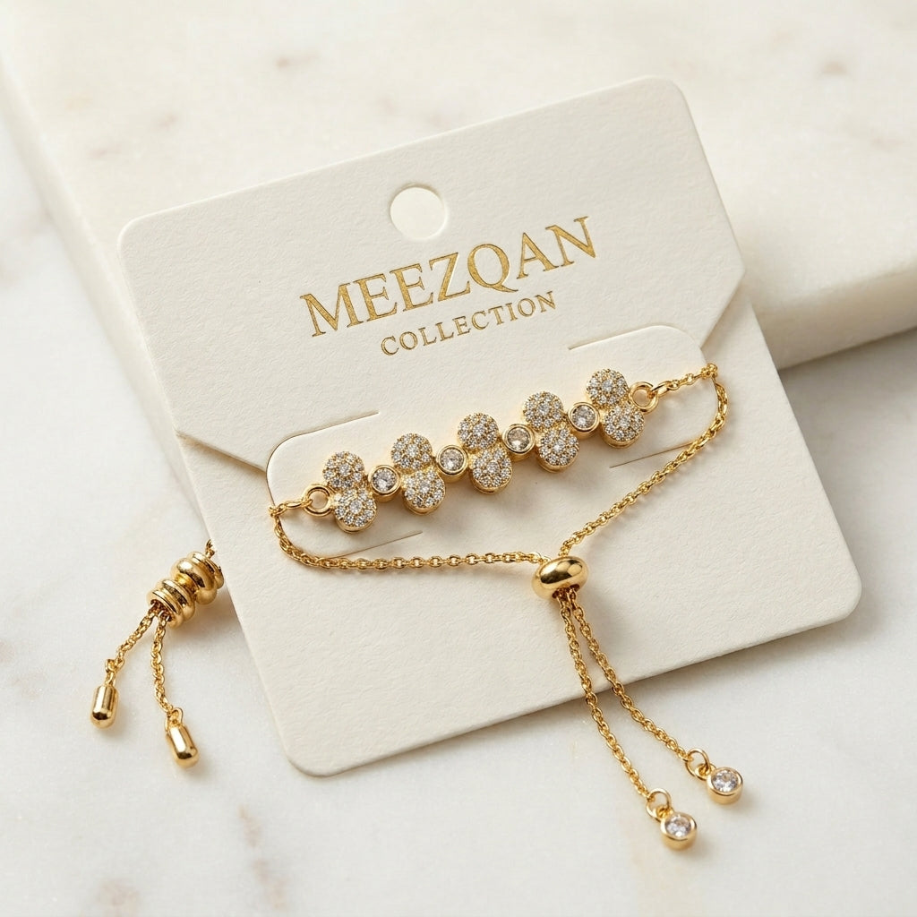 Meezqan Collections 18K Gold Plated Sparkling Clover Adjustable Bolo Bracelet with Zirconia Pave
