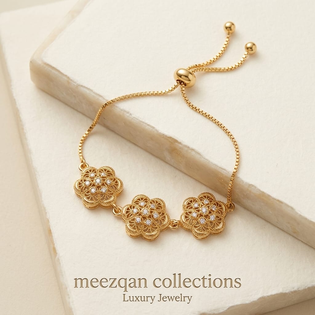 Meezqan Collections 18K Gold Plated Floral Adjustable Bolo Bracelet with Zirconia Accent