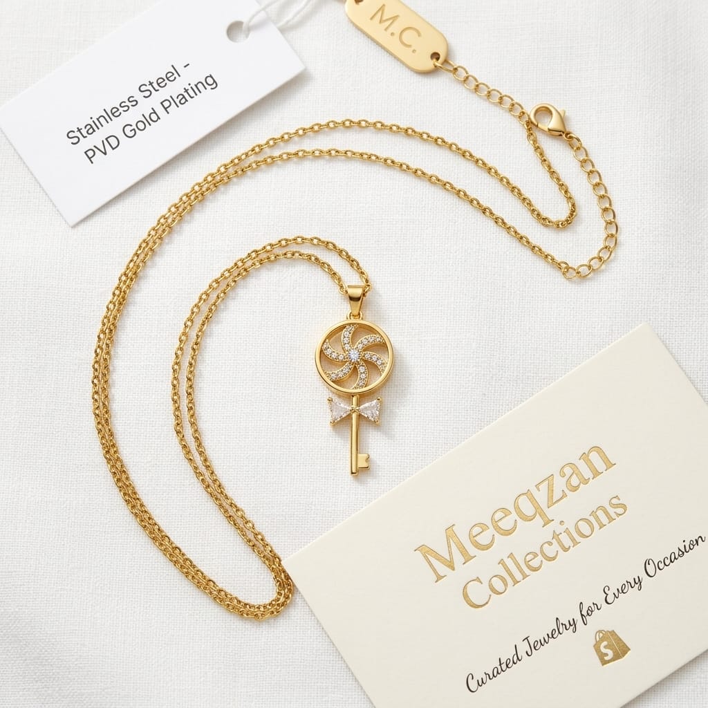 Rotating Pinwheel Key Pendant - Tarnish-Free PVD Gold Plated Necklace for Women