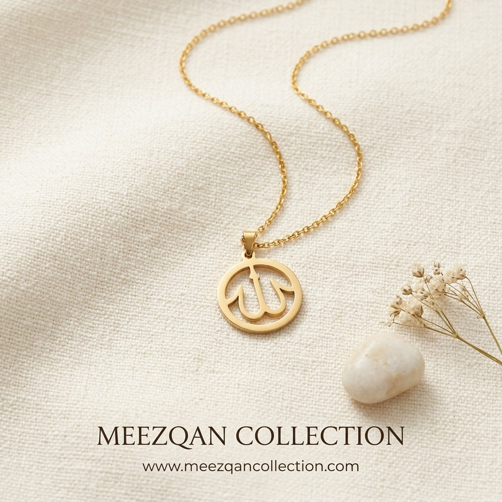 18K Gold Plated Allah Calligraphy Pendant Necklace with Premium Ribbon Display