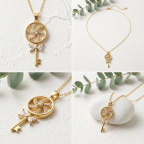 Rotating Pinwheel Key Pendant - Tarnish-Free PVD Gold Plated Necklace for Women