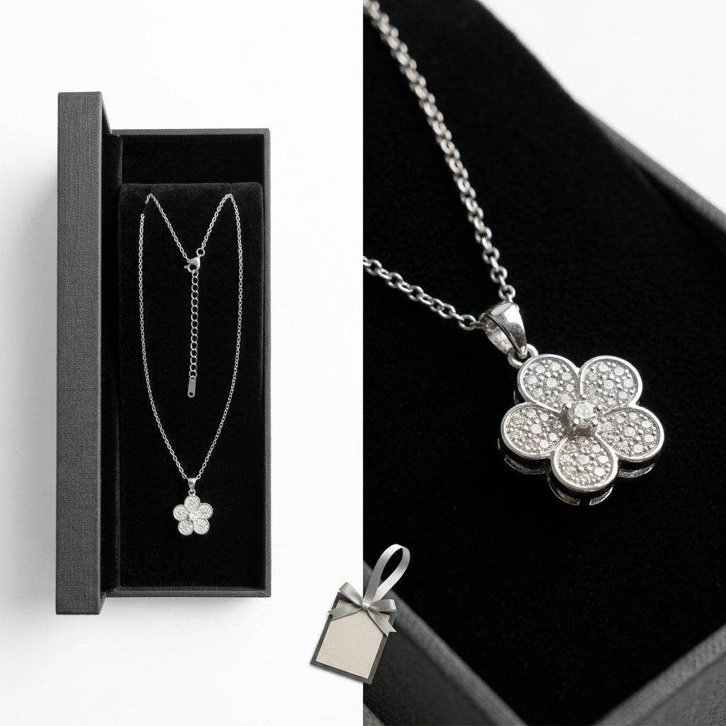 Meezqan Collection 'Clover' Silver Pave Pendant Necklace – Luxury Floral Jewelry for Women
