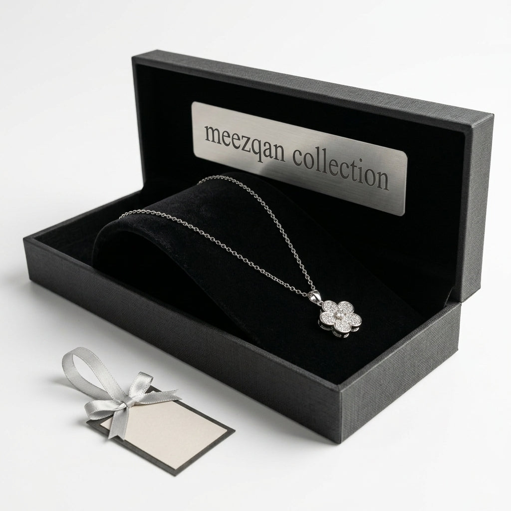 Meezqan Collection 'Clover' Silver Pave Pendant Necklace – Luxury Floral Jewelry for Women