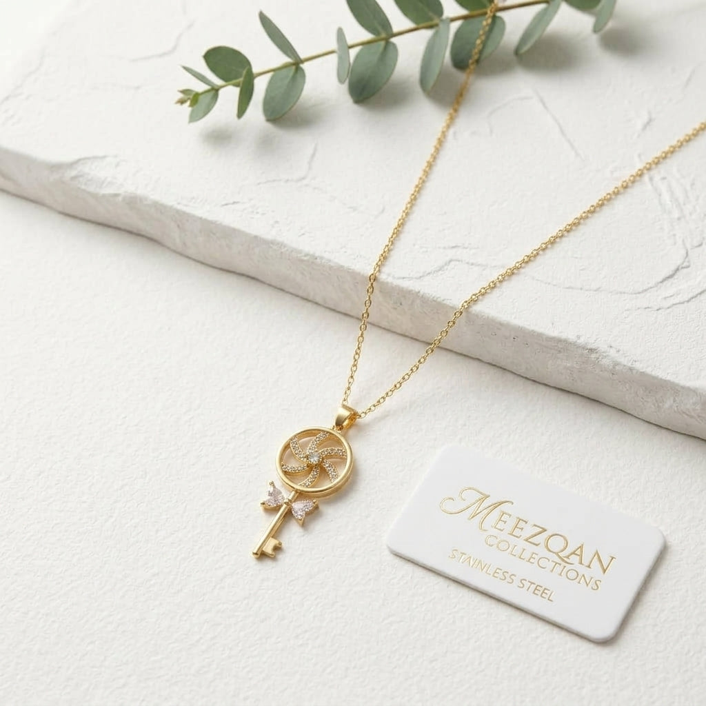 Rotating Pinwheel Key Pendant - Tarnish-Free PVD Gold Plated Necklace for Women