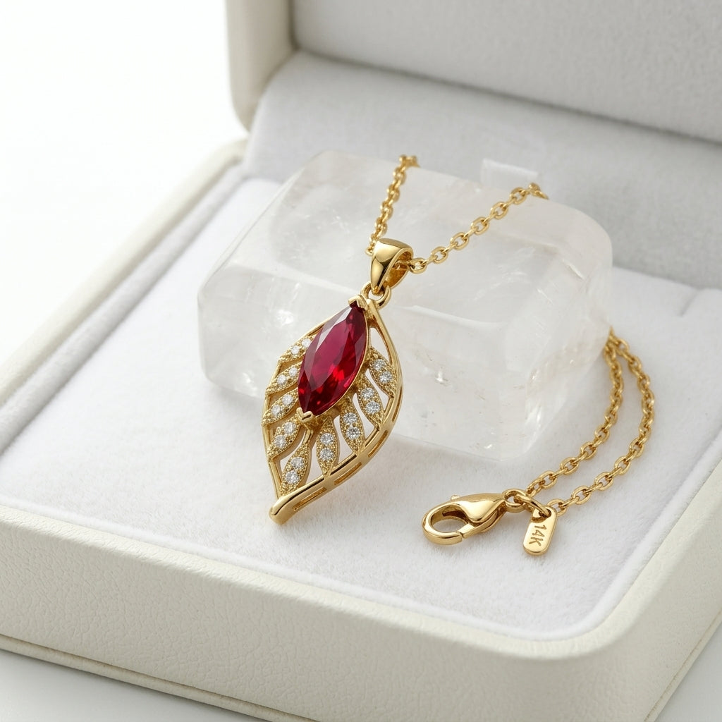 Meezqan Collection 'Elara' Ruby Leaf Pendant Necklace – Gold Filigree Jewelry for Women