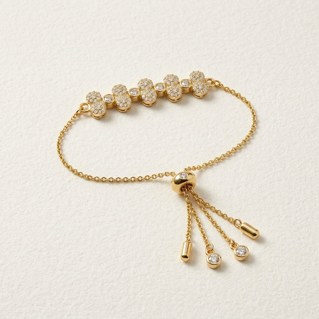 Meezqan Collections 18K Gold Plated Sparkling Clover Adjustable Bolo Bracelet with Zirconia Pave